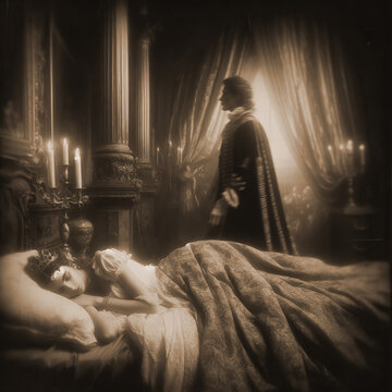 "Sleeping Beauty".Inspired by the famous tale, young woman plunged into a deep sleep, when the prince arrives; in a photographic style reminiscent of 19th century Pictorialism style, Victorian era dec