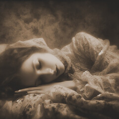 "Sleeping Beauty".Inspired by the famous tale, young woman plunged into a deep sleep, in a photographic style reminiscent of 19th century Pictorialism style, Victorian era decor, sepia image - Digital