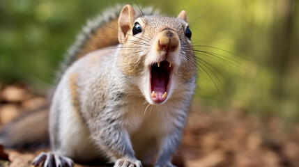 Naklejka na ściany i meble Grey squirrel yawning, Squirrel, Animal, Humor, Surprise, Gray Squirrel. AI Generative
