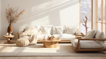 Fototapeta na wymiar Modern luxury, minimal, elegant, neutral, cozy, white bohemian, boho living room with a sofa. soft earthy colors, Interior design inspiration.