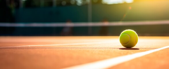 Tennis ball on tennis clay court with soft focus at sunset  Tennis tournament concept horizontal wallpaper background, copy space for text  - obrazy, fototapety, plakaty