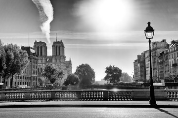Pont Saint-Michel bridge and Notre-Dame cathedral in the 6th arrondissement of Paris city - obrazy, fototapety, plakaty
