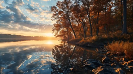 Lakeside Reverie: A Peaceful Autumn Morning - Powered by Adobe