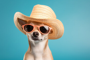 Cute small dog with summer straw hat and sunglasses on teal blue studio background