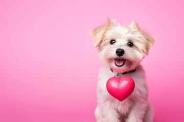 Cute Westie dog with a heart on pink background, fun love and Valentine's day greeting card