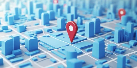 Deurstickers 3D digital illustration of a blue map with red location pins © ParinApril