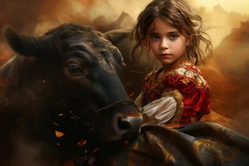 Afwasbaar fotobehang Bullfighter child bull. Culture spain. Generate Ai © juliars