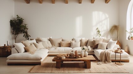 Modern luxury, minimal, elegant, neutral, cozy, white bohemian living room with a sofa. Earthy tone colors, Interior design inspiration.