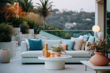 A modern and luxurious outdoor terrace with comfortable furniture, greenery and a cozy atmosphere for relaxing in the summer. - obrazy, fototapety, plakaty