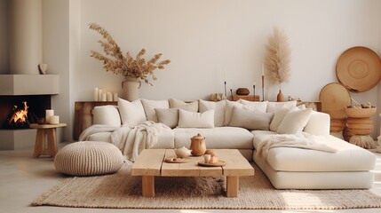 Modern luxury, minimal, elegant, neutral, cozy, white bohemian living room with a sofa. Earthy tone colors, Interior design inspiration.