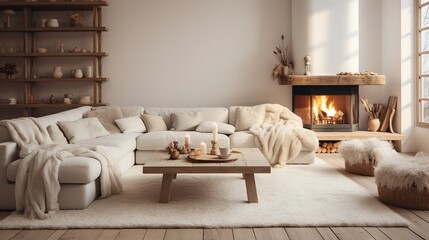 Fototapeta na wymiar Modern luxury, minimal, elegant, neutral, cozy, white bohemian living room with a sofa. Earthy tone colors, Interior design inspiration.