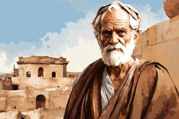 Mediterranean Old man ancient greek city. Roma people. Generate Ai - obrazy, fototapety, plakaty