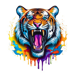 Tiger Face Roar colorful liquid splash in background transparent t-shirt sticker design