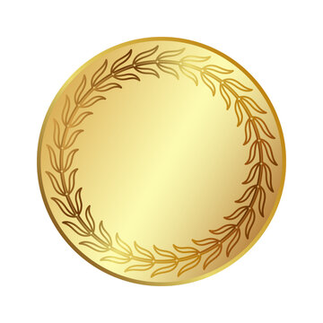 Gold medal. Design element depicting an elegant laurel wreath. 3 D. Vector illustration.