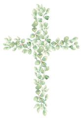 Watercolor hand painted greenery Cross Clipart, Easter Religious florals illustration, eucalyptus Baptism Cross clip art, Holy Spirit clipart, golden frame - 696779519