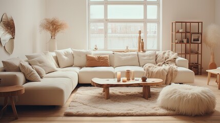 Fototapeta premium Modern luxury, minimal, elegant, neutral, cozy, white bohemian living room with a sofa. Earthy tone colors, Interior design inspiration.