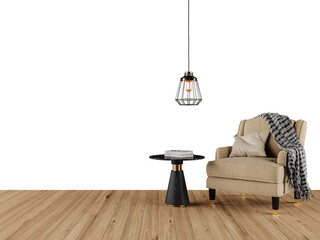 Free PNG an armchair in a empty room with a table and pendant light. Decorated home mockup with...