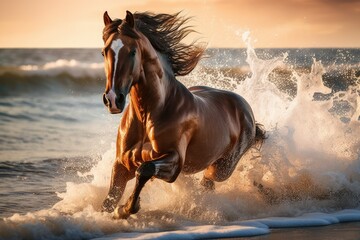 Sandy Horse galloping seaside. Summer running. Generate Ai