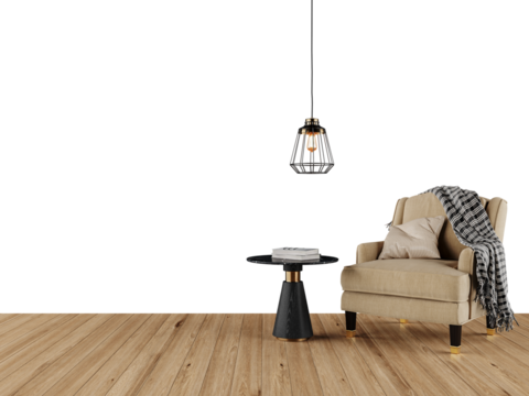 Free PNG an armchair in a empty room with a table and pendant light. Decorated home mockup with free space. 3d illustration, 3d rendering