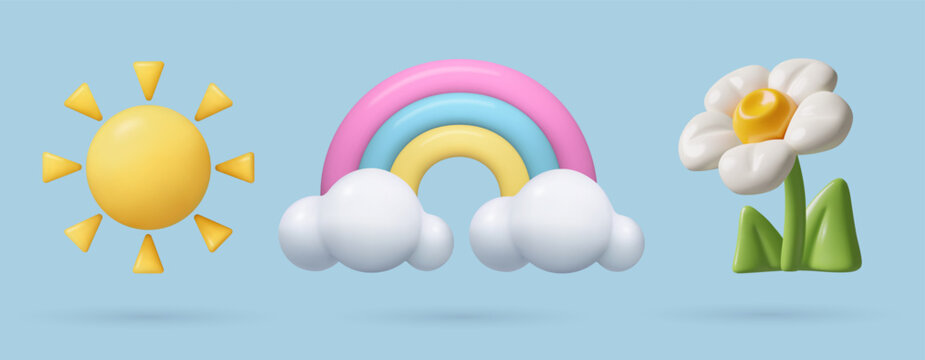 3d spring icons set. Blooming flower, sun and rainbow with clouds. Three dimensional warm summer weather vector objects. Toy plastic design elements collection.