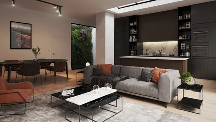 Living room in a modern apartment with kitchen, a living room, a dining room and plants