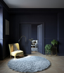 Classic navy blue entrance with yellow armchair, plants, carpet and living room in background