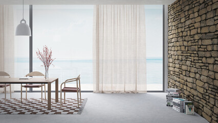 Dining room with sea view, wooden table, wooden chairs, curtains and a stone wall