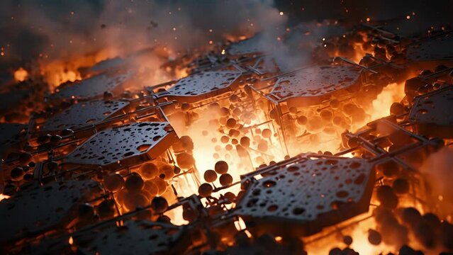 An upclose picture capturing the transformation of iron and carbon atoms into a solid, steel alloy in a hightemperature blast furnace, highlighting the complex chemistry involved in the manufacturing