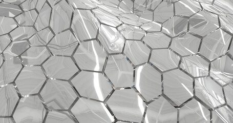 Abstract metallic silver chrome shiny cells hexagons with waves background