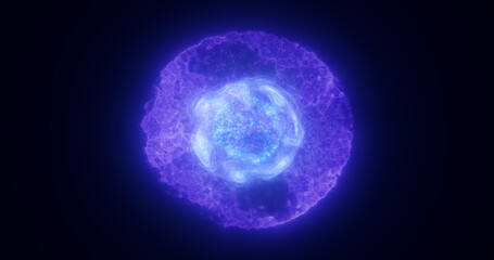 Abstract purple energy glowing digital sphere atom made of iridescent energy from moving electric plasma liquid on black background