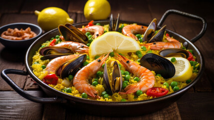 Delicious seafood paella with rice, shrimps, clamps, mussels, green peas and fresh lemon wedges. Traditionel dish of spain