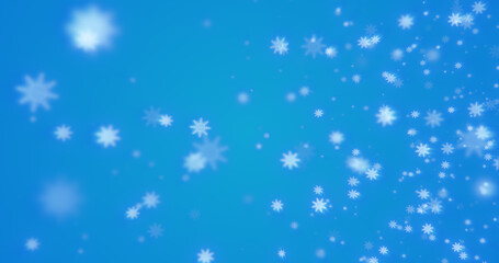 Fototapeta na wymiar Christmas festive bright New Year background made of white glowing winter beautiful falling flying snowflakes patterns on a blue background