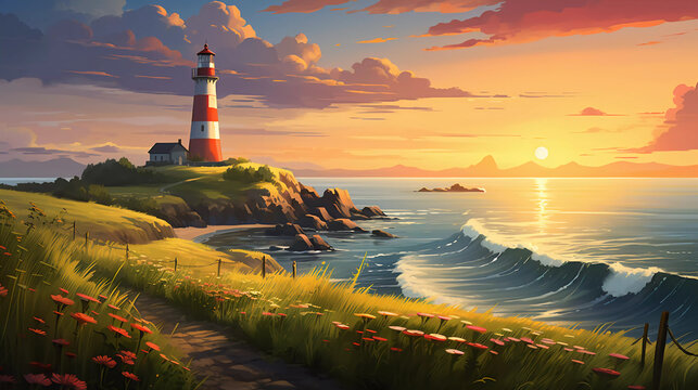 A lighthouse on the coast with green meadows and sunset