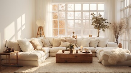 Fototapeta premium Modern luxury, minimal, elegant, neutral, cozy, white bohemian living room with a sofa. Earth tone colors, Interior design inspiration.