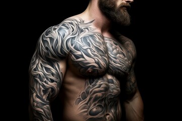 Man tattoos muscle. Body muscular. Generate Ai