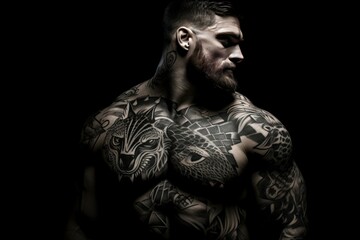 Bold Man tattoos muscle. Body muscular. Generate Ai