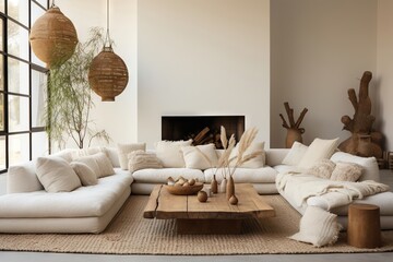 Modern luxury, minimal, elegant, neutral, cozy, white bohemian living room with a sofa. Earth tone colors, Interior design inspiration.