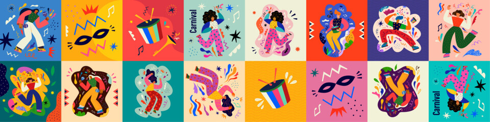 Carnival party. Carnival collection of colorful cards. Design for Brazil Carnival. Decorative abstract illustration with colorful doodles. Music festival illustration
