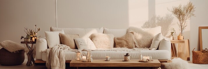 Modern luxury, minimal, elegant, neutral, cozy, white bohemian living room with a sofa. Earth tone colors, Interior design inspiration.