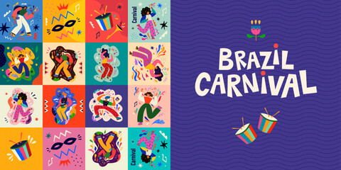 Carnival party. Carnival collection of colorful cards. Design for Brazil Carnival. Decorative abstract illustration with colorful doodles. Music festival illustration
