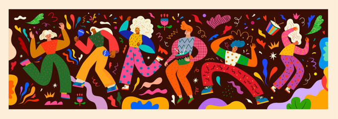 Carnival party. Carnival collection of colorful cards. Design for Brazil Carnival. Decorative abstract illustration with colorful doodles. Music festival illustration
- 696781779