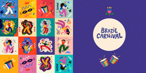 Carnival party. Carnival collection of colorful cards. Design for Brazil Carnival. Decorative abstract illustration with colorful doodles. Music festival illustration
- 696781794