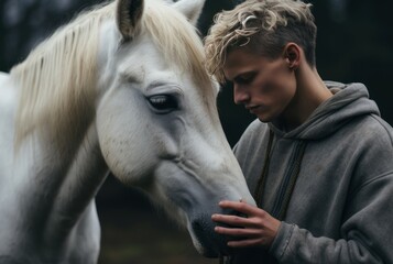 Affectionate Man touching horse. Emotion ranch. Generate Ai