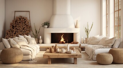 Fototapeta premium Modern luxury, minimal, elegant, neutral, cozy, white bohemian living room with a sofa. Earth tone colors, Interior design inspiration.