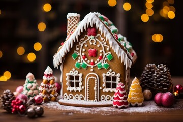 An edible work of art: a gingerbread house adorned with colorful sweets and icing, symbolizing holiday cheer