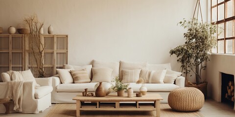 Modern luxury, minimal, elegant, neutral, cozy, white bohemian living room with a sofa. Earth tone colors, Interior design inspiration. - obrazy, fototapety, plakaty