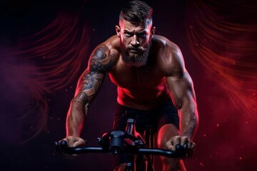 Focused Man training fitness bike. Adult equipment health male activity. Generate Ai