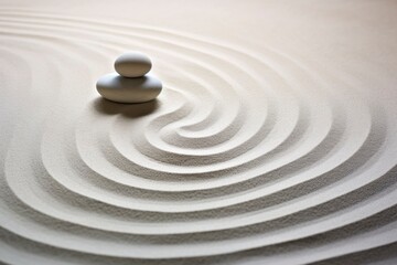 Fototapeta na wymiar Japanese zen garden with stone in textured white sand, Spa Therapy, Purity harmony And Balance Concept