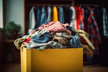 A household scene undergoing reorganization, featuring a messy pile of colorful clothes in a box. - obrazy, fototapety, plakaty