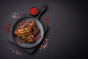 Delicious juicy beef or chicken steak with salt, spices and herbs